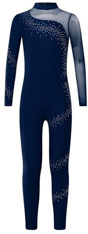 Vxuxlje Gymnastikanzug Mädchen Langarm Ganzkörper Glitzer Turnanzug Patchwork Ballett Strass Trikotanzug Tanzbody Voltigieranzug Akrobatik Anzug Navy blau 122-128