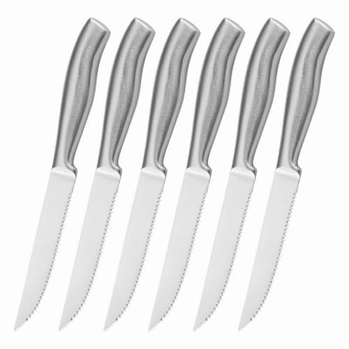 Steakmesser Set, 6-teilig, Edelstahl, Extra Scharfe Klinge, Gezahnte Schneide, Spülmaschinengeeignet, 12 cm, Ideal für Fleisch und Steaks