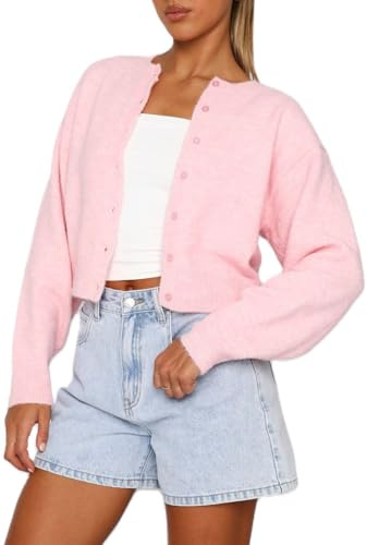 Siyova Women's Cardigans Knitted Long Sleeve Button Down Lightweight Soft Cardigan Sweater Solid Color Crew Neck Knit Tops for Autumn Winter Spring (Pink, M)