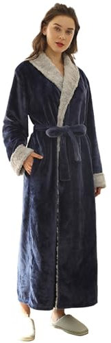 TDEOK Badrock för kvinnor, fluffig lång, morgonrock, lång, varm, mysig morgonrock, plyschbadrock med bälte, mjuk basturock, gosig fleece, nattkläder, komfort, loungewear, kimono, morgonrock, marinblå,