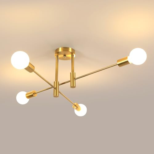 Comely Lamparas de Techo Vintage, 4 Cabezas E27 Lámpara de Araña Industrial | Ángulo Ajustable de 180° Luz de Techo Retro de Metal para Dormitorio Salón Cocina Pasillo, Oro (Diámetro 72cm)
