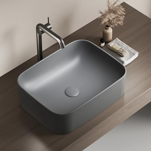 EMKE Lavabo de Cerámica, Rectangular 61 × 38 × 15 cm, Lavamanos para Aseos, Lavabo Cerámico para Cuartos de Baño,Gris Mate