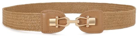 JasGood Cintura in vita elastica in tessuto di paglia per le donne 3,5 cm di larghezza, elasticizzata Boho intrecciato sottile cintura, marrone, 70cm:für Taillengröße 58cm-66cm