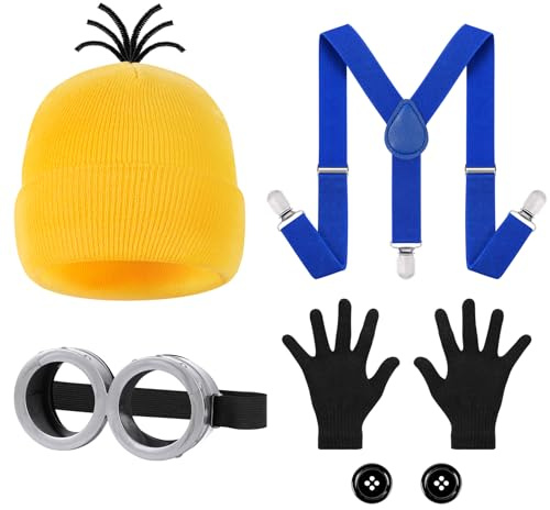 BSBUY Accesorios de Disfraz Amarillo para Cosplay, Accesorios de Disfraces Halloween Adultos Niños, Gafas Amarillas, Gorro, Guantes Negros, Clip de Azul, dos Botones