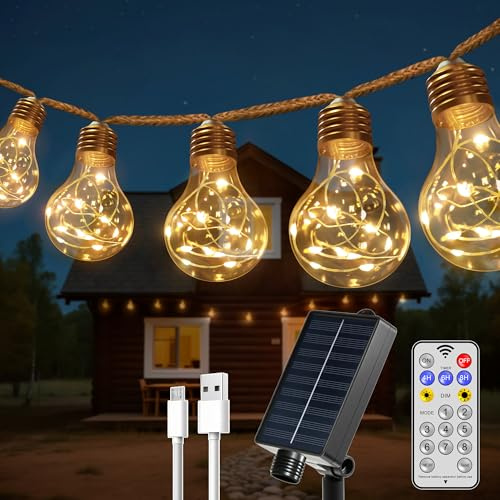 HeiPard Catena di luci solari per esterni, 8,5 m, 16 lampadine, A60 LED, vintage, USB, 8 modalità, IP45, impermeabile per esterni, bianco caldo, decorazione per esterni, per giardino, balcone