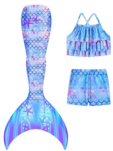 Dtiaagto Maillot de Bain pour Filles 3 Pièces, Set de Tankini et Bikini d'Été, Maillot de Bain avec Queue de Sirène pour 7-8 Ans