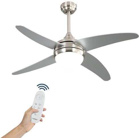 LUMIKING Ventilador de Techo con Luz Níquel/Plata 117 cm | Motor DC Silencioso 6 Velocidades | Mando a Distancia y Temporizador | 2 Portalámparas E27 | Función Verano/Invierno