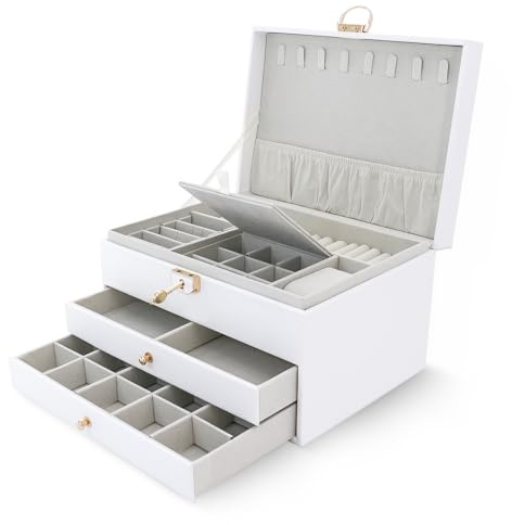 Schmuckkästchen schmuckschatulle schmuckkoffer 3 Ebenen Schmuckkasten mit 2 Schubladen Schmuckaufbewahrung abschließbar viel Stauraum geschenke für frauen schmuckkästchen mädchen