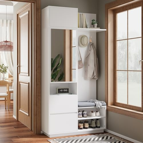 Gxffipw Garderobe Set Garderobenset Hoch 190 cm mit Spiegel und Sitzbank, Garderobenschrank Flurgarderoben Set mit Haken und Schuhschrank, Kompaktgarderobe mit Schubladen, Flur Möbel, Weiß