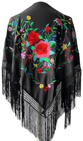 La Senorita Spanish Flamenco Dance Shawl Black with various colored flowers triangle