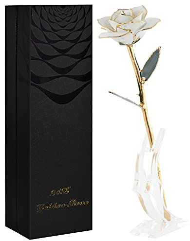 SW 24k Gold Dipped Real Rose Lasted Forever with Stand, White Gold Rose Gifts for Women Wife for Her, Christmas, Valentines Day, Mothers Day, Birthday