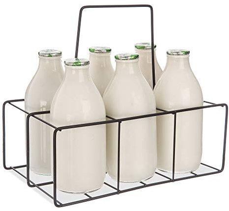 FiNeWaY Nostalgia Milk Bottle Holder Wire Tidy Crate Rack Carry Carrier Doorstep Store Drink Kitchen Storage Organiser Caddy With Integrated Handle (6 Bottle Rack)