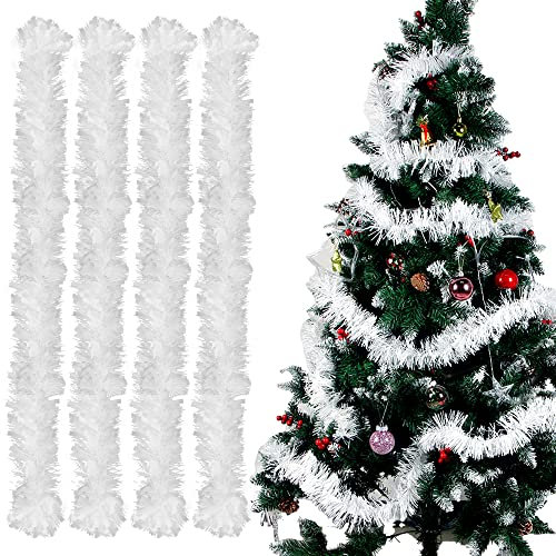 Guirlande de Noel Sapin, 4pcs Guirlandes Tinsel Noël, Guirlande Sapin 2m, Guirlande Tinsel Métallique Scintillantes pour Mariage Anniversaire Fête Murs Fenêtres Sapin Decoration Noël - Blanche