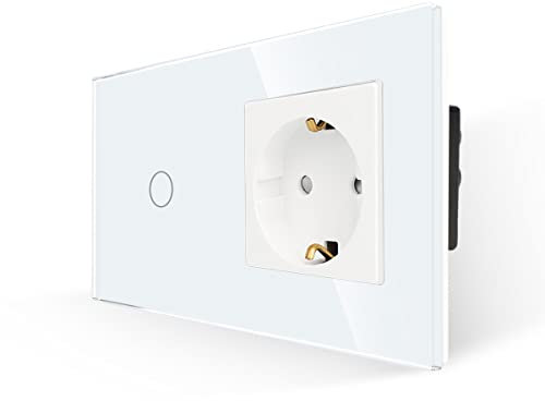 JIMEIDA Steckdose mit Lichtschalter Weiß, Glas Touch Lichtschalter mit Schuko Steckdose Unterputz, 1-Fach 1-Poliger Wandschalter mit Status-LED, 500 W/Fach