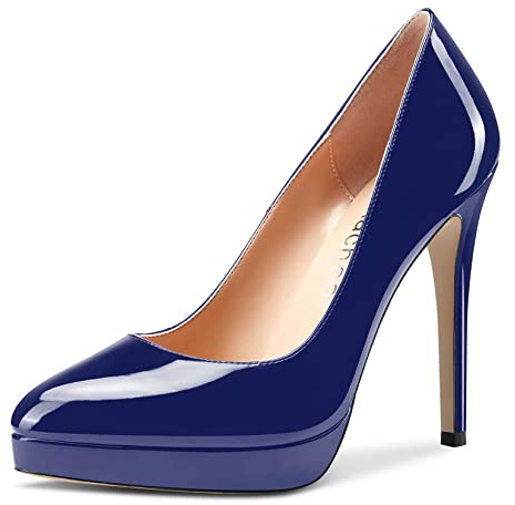 Aachcol Donna Piattaforma Spillo Alto High Tacco Heel Pumps Chiusa a Punta Slip-on Scarpe da Matrimonio Ufficio Feste Dress Classico 12 CM Blu Navy Verniciata 39 EU
