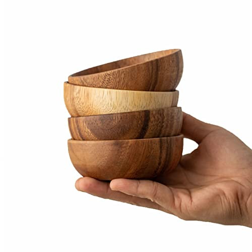 muso wood Mini Holz Dipschalen Set - massives Akazienholz Snackschale - 10x3.8cm 4 Stück Holz Dip Schälchen - für Beilagen, Sauce, Nüssen, Salz, Gewürze - Bonus 4 Phoebeholz Löffel