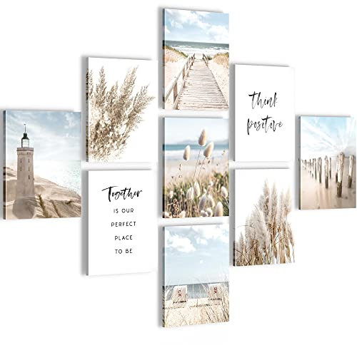 Novart Wandbilder Strand Meer - KOMPLETT AUFHÄNGFERTIG - Pampas Wohnzimmer Schlafzimmer- 9 Moderne Bilder Set - N026791a