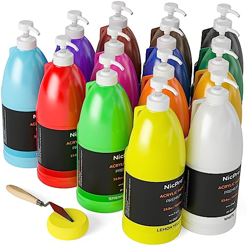 Nicpro 14 X 1000 ml Grandi Colori Acrilici Per Dipingere, Pittura Acrilica Atossici, Vernice Acrilica Per Varie Superfici, Legno, Pelle, Carta, Artigianato, Per Adulti Con Pompa