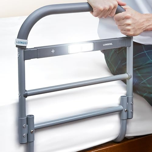 Lunderg Barrière de lit pour personnes âgées et adultes – Grande taille – avec lumière de mouvement et poignée antidérapante – Barrière de lit pour personnes âgées et patients chirurgicaux – La canne