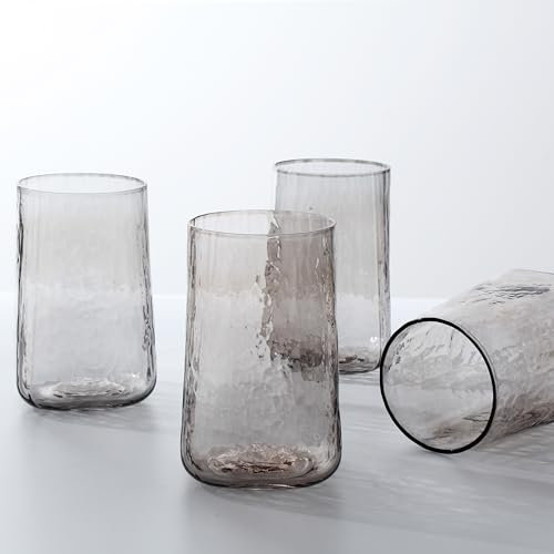 Gökotta Lot de 4 verres highball en cristal transparent martelé faits à la main | Verres à eau pour cocktails et whisky | Tasse de qualité supérieure (400 ml, gris fumé)