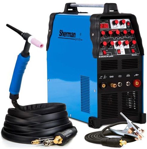 Sherman TIG 210 AC/DC Pulse - 200A WIG Schweißgerät AC DC mit Puls und präziser Steuerung - Profi HF-Zündung WIG Puls Schweißgerät für Aluminium mit MMA-Schweißmodus - Set: Solo