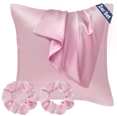 Seiwohl Satin Kissenbezug 60x60 2er Set, Weich wie Seidenkissenbezug Silk Pillowcase, Vegane Seide Kopfkissenbezug Kissenhülle Seidenkopfkissen für Haar und Haut mit 2 Haargummis, Rosa