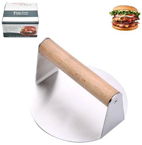 Kaizuca hamburgarpress, 14 cm rund 304 rostfritt stål smash hamburger press med trähandtag, matklass hamburgarsmasher, lätt att rengöra för platt grill och fettpressar