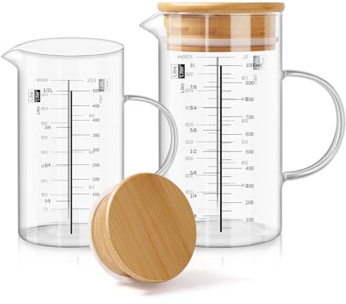 Aevcvok Verre Doseur 500ML 1000ML,Transparent Verre Mesureur Cuisine avec Couvercle en Bois,Récipients Gradué en Verre,Tasse à Mesurer Verre Gradué Cuisine, Idéal pour Cuisine,Pâtisserie et Stockage