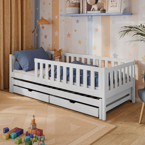 Kids Collective Kinderbett mit Ausziehbett und Zwei Schubladen, Rausfallschutz und Lattenrost, Kinder Bett | weitere Größen: 80x180, 90x190, 90x200cm | 80x160 cm: von 3. bis 10. Lebensjahr, Weiß