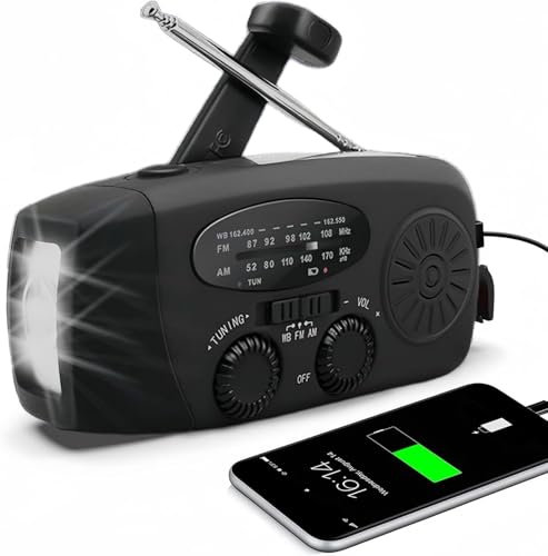 Radio Solar portátil con WB/Am/FM, generador de manivela, batería Recargable de 2000 mAh, Cargador de teléfono móvil USB, Linterna LED, para emergencias, Camping (Negro)