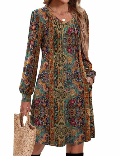Zeagoo Fall A Line Dress for Women Long Sleeve Casual Printed Dresses 2025 V Neck Tunic Boho Dress,Chic Printed L