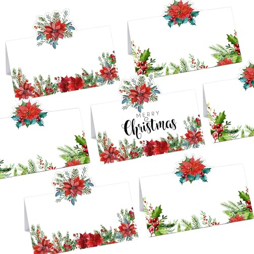Lot de 100 marque-places de Noël vierges en poinsetta pour décoration de table de mariage, décoration de fête