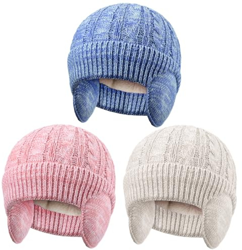Chicingyou 3 Pack Hats with Earflaps for Kids, Knitted Beanie Fleece Lined Winter Hat for 3-8 Girls Boys(Blue,Beige,Pink)