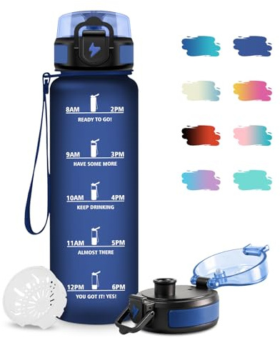 Trinkflasche 1L, Wasserflasche Kohlensäure Geeignet, mit Filte, Auslaufsicher, Motivierende Trinkflasche mit Zeitmarkierung, Leicht zu Reinigen, Wasserflasche für Schule, Camping, Yoga, Reisen