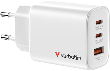 Verbatim Essentials GaN Charger 65 W, 2 portar USB-C laddare PD 3.0, 1 port USB-A QC 3.0, snabbladdare som flera kontakter för Apple MacBook, Notebook, iPad, iPhone 15 – iPhone 17, Samsung, vit