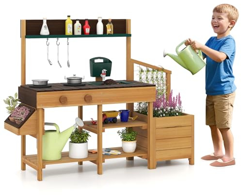 COSTWAY Cocina Juguete Exterior, Cocinita Infantil de Madera con Jardinera y Enrejado, Cocina de Barro con Fregadero Extraíble, Grifo, Fogones, Depósito de Agua para Niños de 3-8 Años (Marrón)