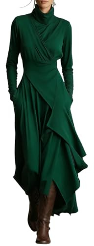 Elegante Abito Lungo Asimmetrico con Collo Alto da Donna, Tinta Unita, Aderente, con Orlo Incrociato Irregolare (Green,L)