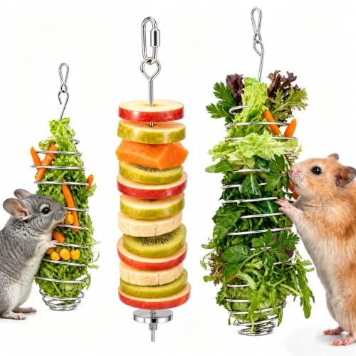 3 Pcs Jouet Hamster et Accessoire Cochon d'Inde, Distributeur Nourriture Lapin Nain avec Brochette Fruits et Légumes, Mangeoire Suspendue en Acier Inoxydable pour Chinchilla, Rat et Petits Rongeurs