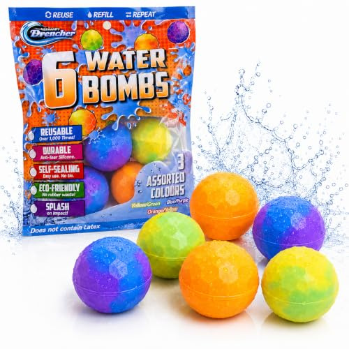 Henbrandt 6 Reusable Water Balloons, Quick-Fill Silicone Water Bombs | 6 Reusable Water Balloons for Kids, Easy-Fill Self-Sealing Silicone Water Bombs for Garden, Pool and Beach Play