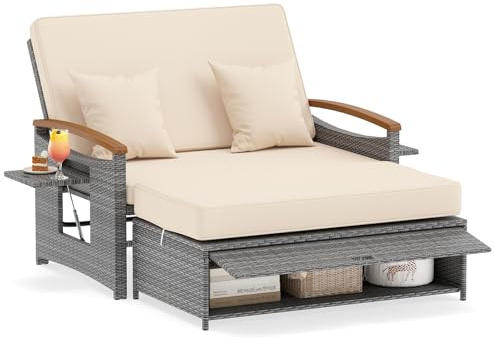 COSTWAY Salon de Jardin en Rotin avec Ottoman de Rangement Charge 360KG, Bain de Soleil avec Plateau Latéral Rétractable Dossier Réglable Coussins 4 Positions, Canapé à 2 Places (Gris+Beige)