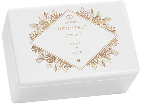 LAUBLUST Personalisierte Hochzeitskiste Erinnerung | Hochzeits Erinnerungsbox mit Gravur - Florale Raute | Geschenke für Brautpaar - FSC® (Weiß ohne Verschluss, ca. 30 x 20 x 14 cm | M)