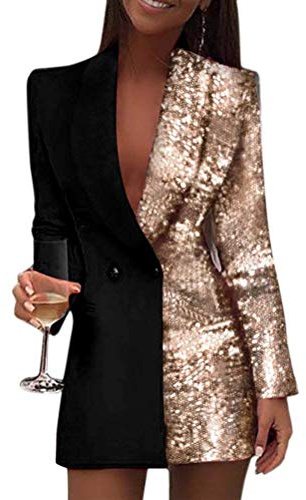 Vestido Largo para Mujer Double Breasted Button Blazer Manga Larga Chaqueta del Traje Color De Contraste Mini Vestido Oficina OL Chaqueta Abrigo Dorado 34