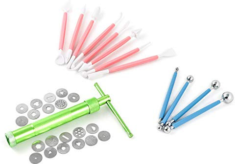 QWORK® Fondant Presse mit 20 Formen Zuckerpaste Extruder mit Zuckerfertigkeit Tortendeko Werkzeug 4 Metallkugeln zum Modellieren von Kuchen, Modellierwerkzeug aus Kunststoff