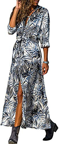 chuangminghangqi Vestiti Donna Eleganti Maniche Lunghe Chiffon Camicia Stampa Maxi Abito Casual con Bottoni sul Davanti (Blu, XL)