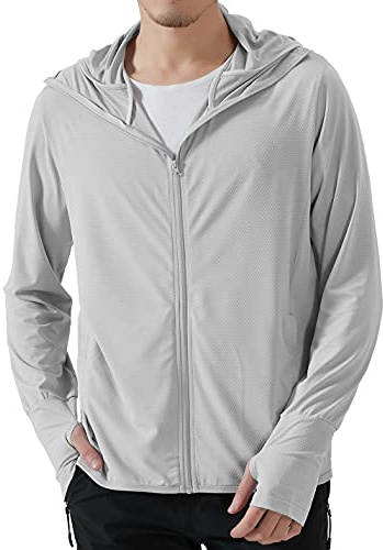 Locachy Men's UPF 50+ Sun Protection Outdoor Lightweight Full Zip Hoodie Jacket Long Sleeve Fishing Hiking Performance Shirt Light Grey M