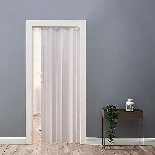 PVC Folding Door, Internal Plastic Folding Concertina Door with Gloss Acrylic Widths Adjustable from 610mm - 860mm, with Panels Magnetic Locks (White)