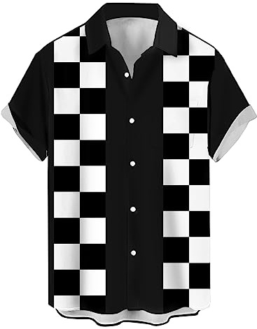 Deer Lady Mens Bowling Shirt 1950s Retro Print Hawaiian Shirts Short Sleeve Casual Button Down Shirt Beach Shirts Checkerboard White XL