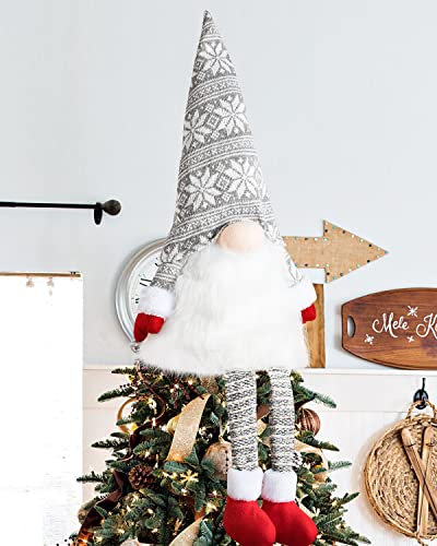 Lanpn Christbaumspitze Weihnachtsbaumspitze 58 cm, Große Plüsch Zwerg Gnom Tannenbaum Spitze weihnacht Baumspitze mit hohem Hut und Beinen für Kamintisch Weihnachtsdekoration Christbaumschmuck (Grau)
