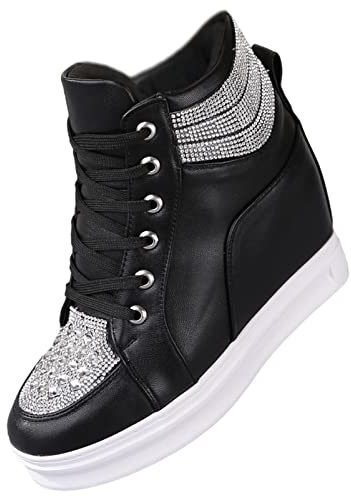 rismart Damen Keilabsatz Trainers Funkeln High Top Schnüren Ankle Bootie Schwarz,38 EU