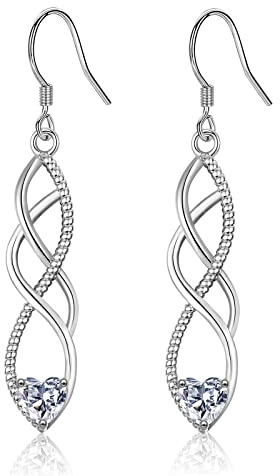 Sterling Silver Drop Earrings for Women Girl, Silver Dangle Earrings with Cubic Zirconia│Twisted Linear Hypoallergenic Earring for Sensitive Ears│Jewellery Gift for Birthday Anniversary Christmas